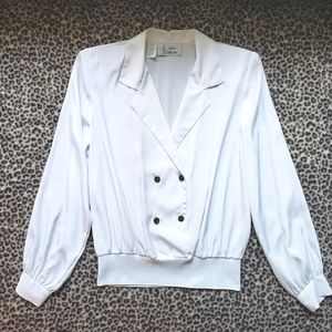 Vintage 1980s White Double-Breasted Polyester Blouse, Size 8, GUC